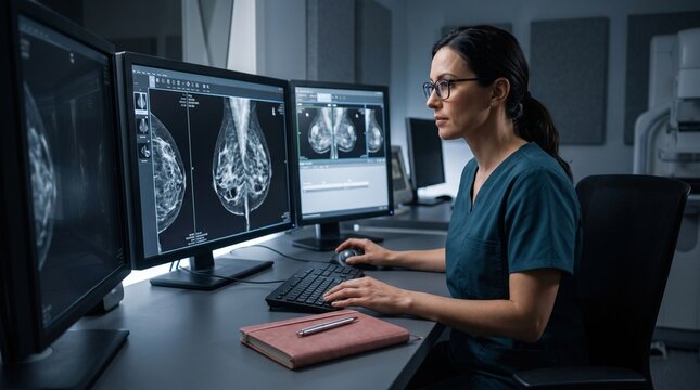 Female doctor reviewing breast cancer scans on computer in office