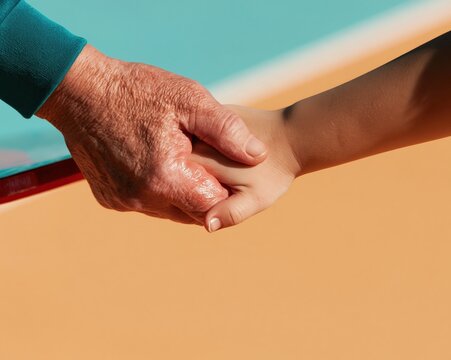 Wrinkled hand holding a younger hand on a sports paddle grip, showing weathered skin and tacky tape for family sport and fitness
