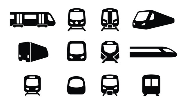 Various black silhouette icons of different types modern trains and rail vehicles