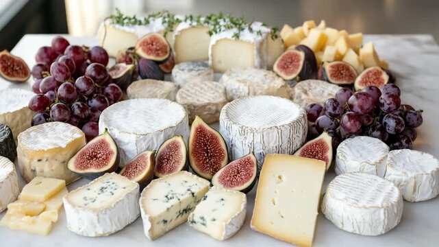 selective focus of artisan cheese board with figs grapes and organic ingredients