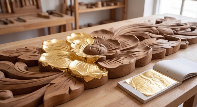Partial gold leaf gilding on a floral wood carving
