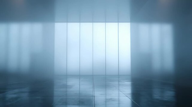 Minimalistic empty room with glass walls, reflective floor illuminated by soft diffused light, creating futuristic, serene atmosphere. Modern architecture blends with ethereal mist for dreamy effect