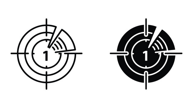 Target bullseye with number one icon set in linear and solid black vector designs