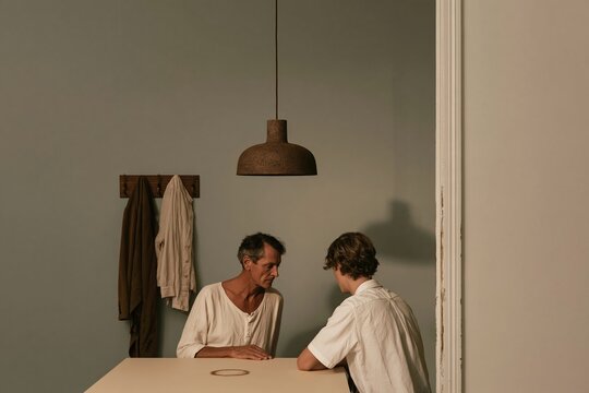 Floating kitchen pendant light above a beige table where an adult and teenager have a deadpan conversation for energy utility advertising