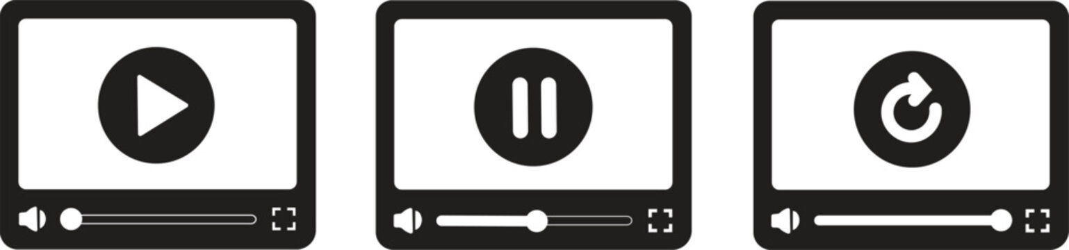 Video Player Icon Set Vector - Play Pause Replay Media Control Symbol