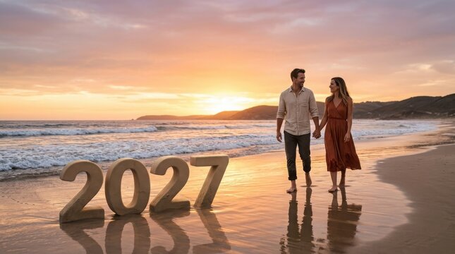 Couple walking on beach at sunset with year 2027 numbers