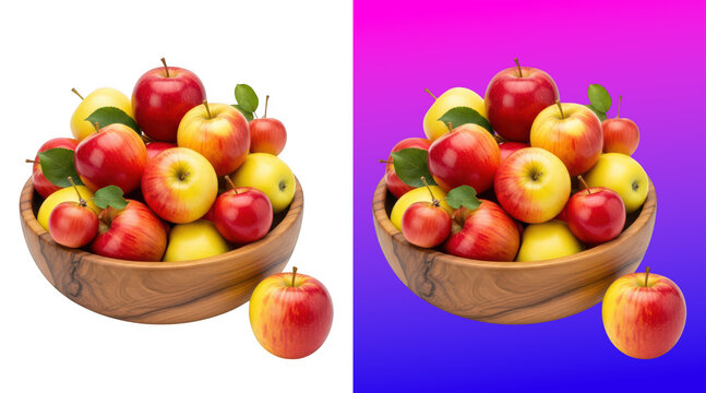 Fresh assorted apples in wooden bowls with single fruit