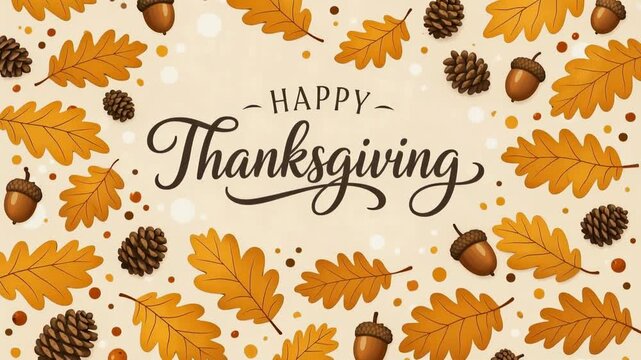 Happy thanksgiving seamless autumn pattern with oak leaves, acorns and pinecones. horizontal pan creates a looping decorative fall background.