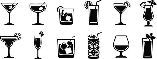 Obraz premium Alcoholic cocktails and bar drinks silhouette vector icons set