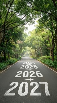 Road path concept with years 2024 to 2027 under tree canopy