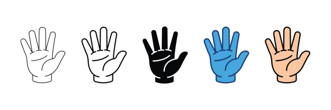 Five hand icons set vector illustration, flat line open palm symbols collection