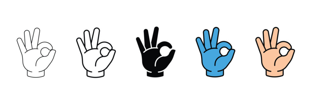 Set of ok hand gesture icons in different styles, including outline, glyph, and flat color designs, representing approval, agreement, or perfection