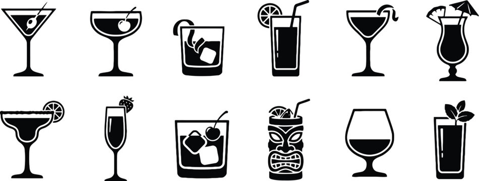 Alcoholic cocktails and bar drinks silhouette vector icons set