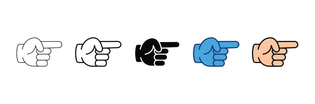 Set of hand pointing icons in different styles, including outline, solid, and colored versions