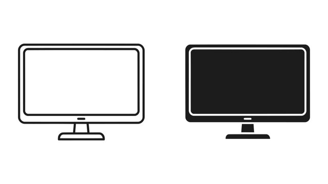 Modern computer monitor icon vector in outline and solid black graphic style