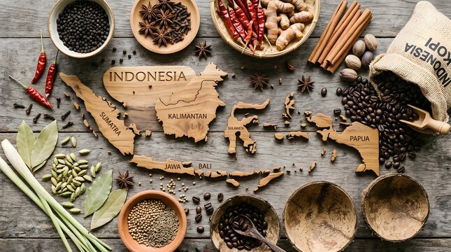 Wooden Map of Indonesia Surrounded by Traditional Spices and Coffee Beans on Rustic Wood