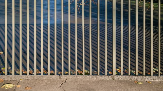 Wet asphalt road with long graphic shadows of metal railings, a cold winter street scene with copy space for road safety layouts
