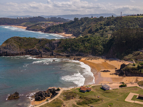 Aerial view of Atlantic coastline beaches and headlands in Asturias Spain 