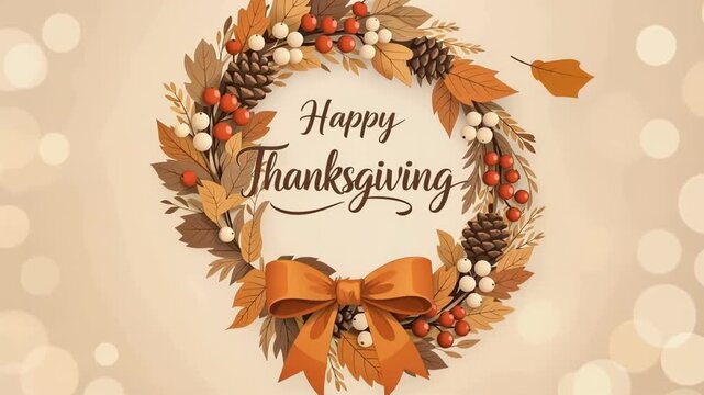 Animated autumn wreath with "happy thanksgiving" text and orange bow as leaves and berries drift across a soft bokeh background