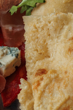 Extreme Macro of Italian Flatbread with Melted Cheese, Porous Airy Crumb and Golden Baked Crust