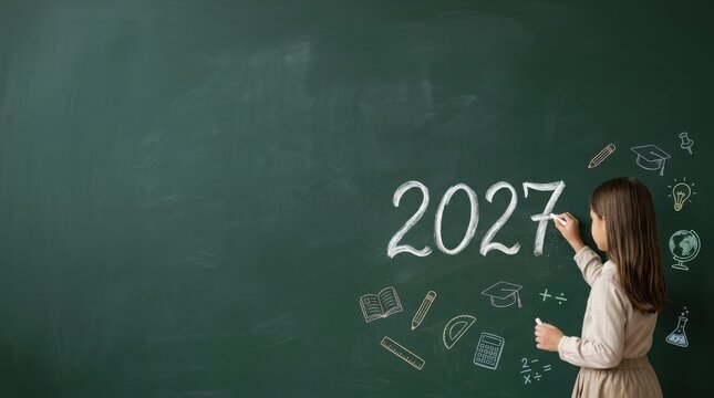 Young girl writing 2027 on a large green classroom