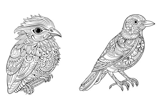 Ornate bird line art illustrations, zentangle coloring page transparent PNG