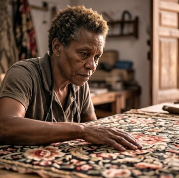 Older woman focusing on fabric design in a cozy workshop  
