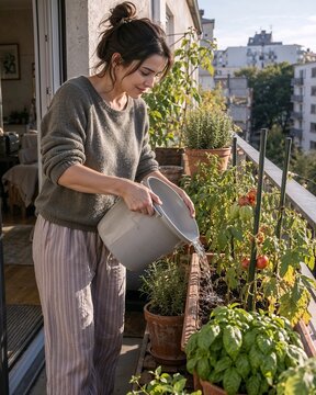 Young woman watering plants on balcony garden in urban setting  