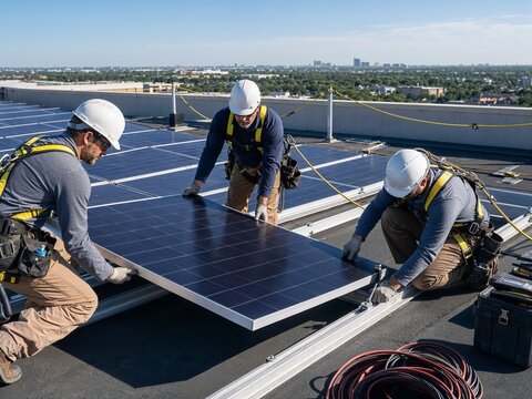 Three men installing solar panels on a rooftop in bright sunlight  