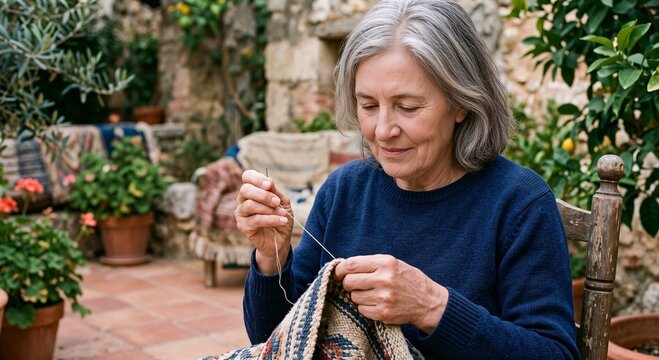 Elderly woman sewing in a cozy garden filled with plants  
