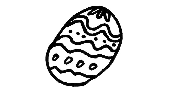 Hand Drawn Decorative Egg Doodle, Oval Patterned Shape with Wavy Lines and Polka Dots, Simple Black Line Art Illustration on White Background

