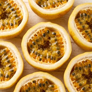 Fresh yellow passion fruit halves with juicy seeds, tropical maracuya fruit pattern on wooden background, organic exotic food for healthy lifestyle