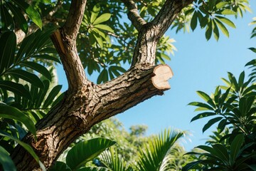 Obraz premium Tree branch with rough bark texture and green leaves against a clear blue sky. Freshly cut surface shows wood grain. Rich tropical garden setting with dense foliage.
