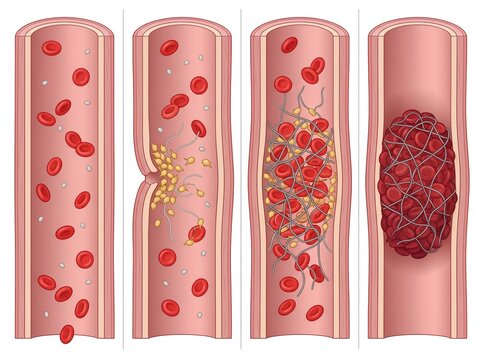 Thrombus development inside a damaged vessel showing progressive platelet aggregation and fibrin network formation for cardiovascular education