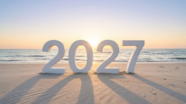 Large 3D 2027 year numbers on sandy beach at sunrise