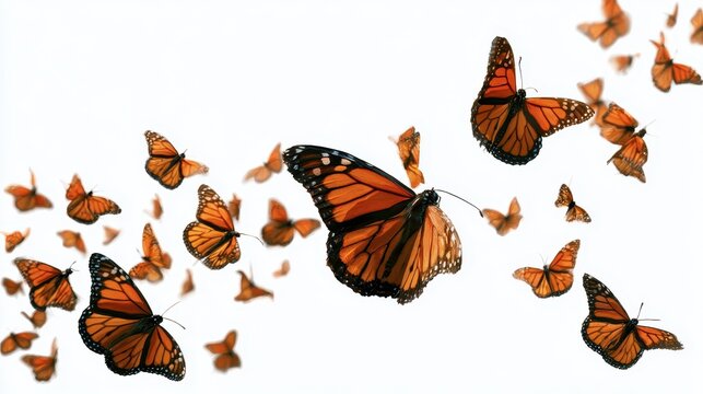 Monarch butterfly swarm on a white background: a vivid digital illustration of Danaus plexippus in flight