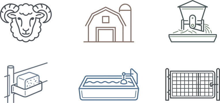 Livestock management and sheep farming vector line icons featuring horned ram head, countryside barn silo, automatic feeder troughs, salt lick block, and farm gates