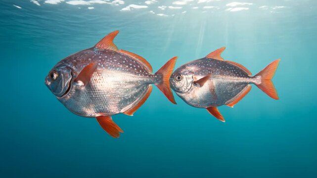two opah close up underwater at morning light in monterey bay california usa video