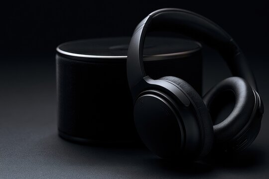 Moody photography of wireless headphones and small speaker on a black backdrop, modern music technology concept