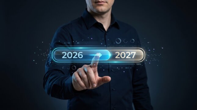 Man touching futuristic digital interface switching to 2027