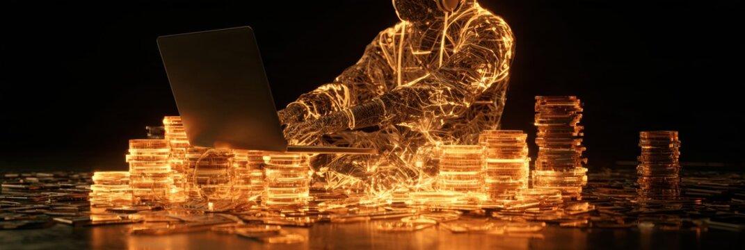 An abstract figure works on a laptop in a dark space, surrounded by glowing coins representing both local and foreign currencies.