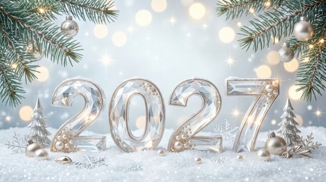 Silver 2027 numbers on snow with christmas tree branches