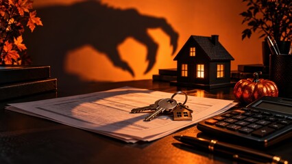 Naklejka na ściany i meble Halloween Real Estate Concept With House Keys And Monster Shadow