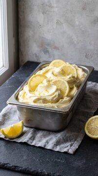 Homemade Lemon Ice Cream in Metal Loaf Pan with Fresh Lemon Slices on Rustic Cloth, Moody Kitchen Background - Artisan Dessert