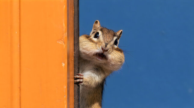 A cute chipmunk peeking out with full cheeks storing food by a bright orange wall and blue sky