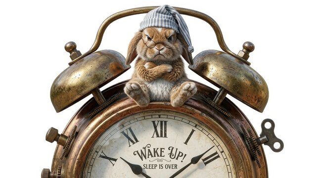Grumpy bunny rabbit in nightcap sitting on vintage alarm clock, angry rabbit character on antique brass clock, morning wake up concept on white background