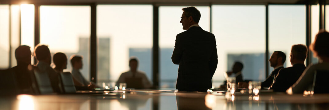Gesch&auml;ftsmann steht als Silhouette im Konferenzraum vor sitzendem Team
