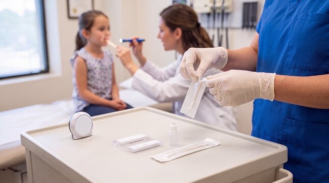 Nurse Preparing Rapid Strep Test Swab During Child Throat Exam