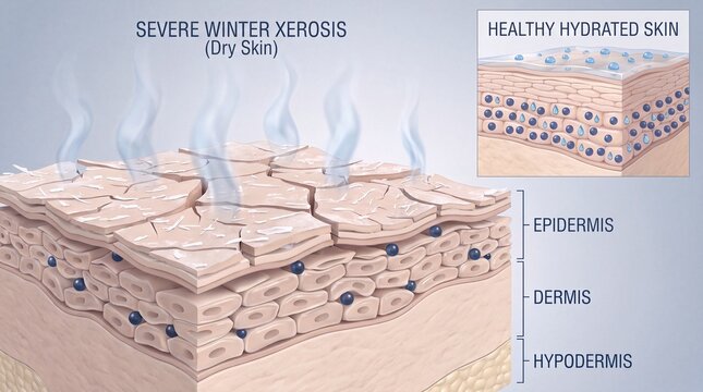 Severe Winter Xerosis versus Healthy Skin Layers 3D Diagram
