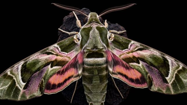 oleander hawk moth close up isolated on black background video